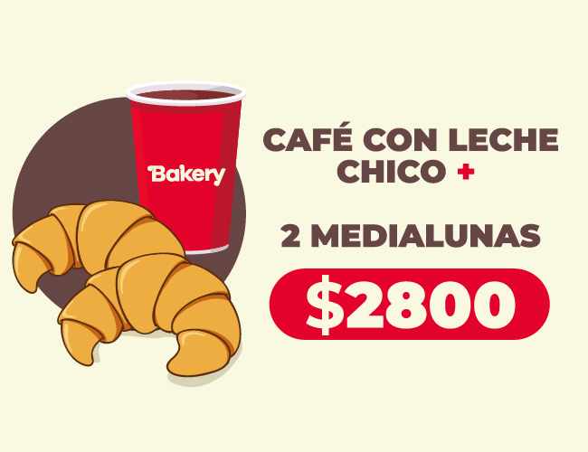 Cafe con leche chico + 2 medialunas a $2800